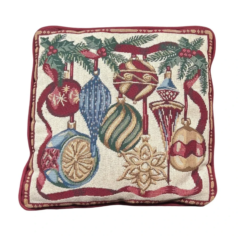 Christmas House Tapestry Throw Pillow Ornaments Holiday Decor Red Green Gold Vtg